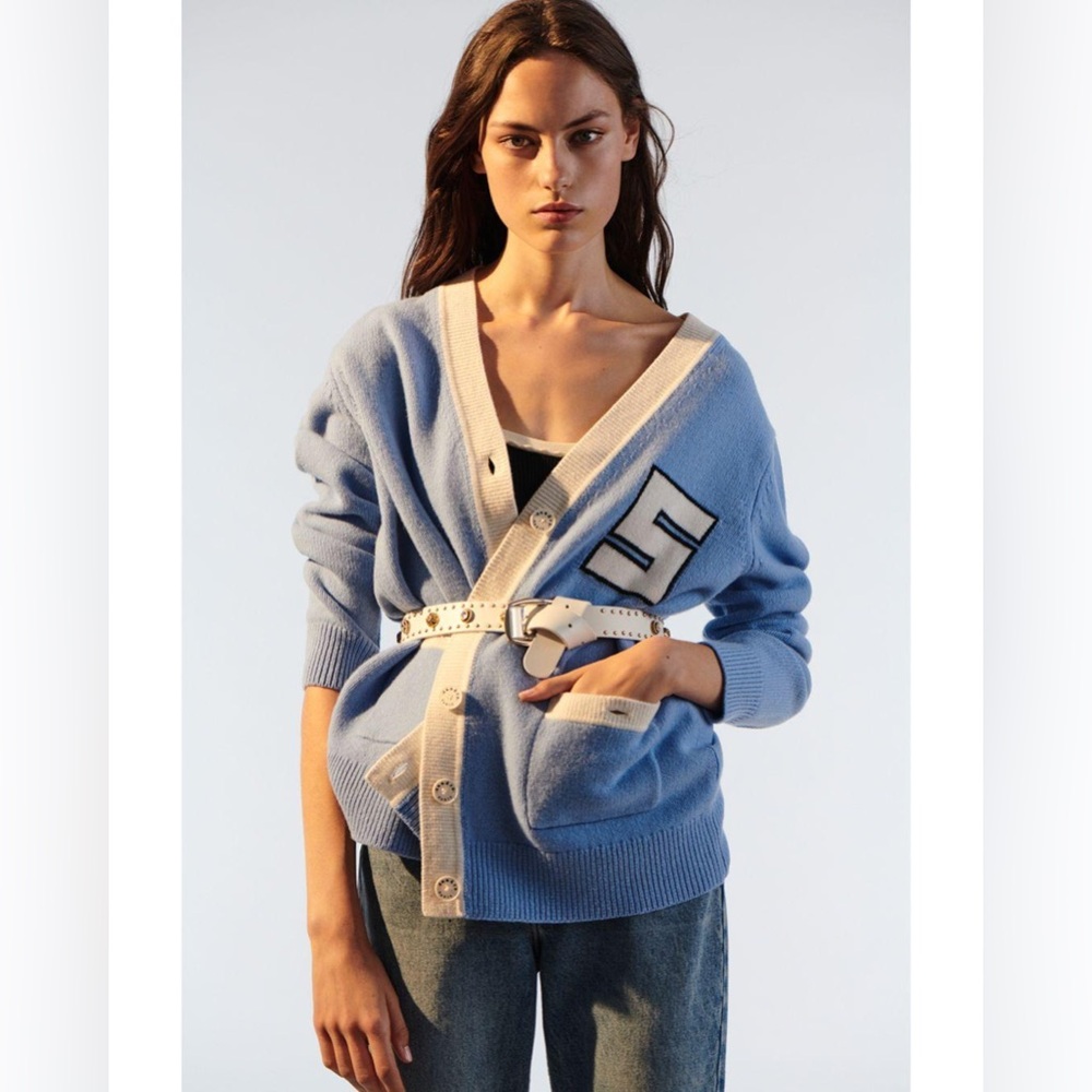 Sandro Light Blue 100% Wool Varsity Cardigan size 1 (M)